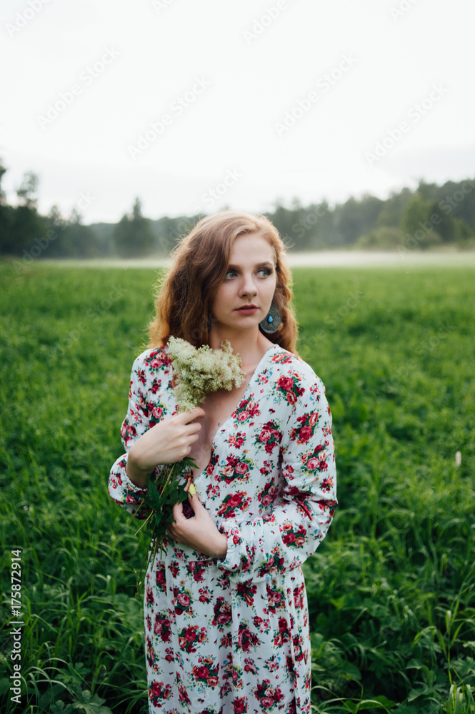 A beautiful girl in a colorful dress stands in the evening on a meadow against a background of fog. A beautiful girl in a colorful dress stands in the evening on a meadow against a background of fog.