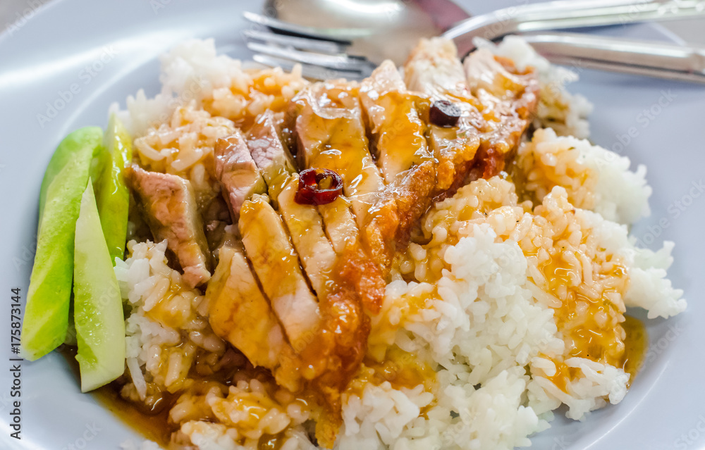 Crispy pork with rice with sweet sauce Crispy pork with rice with sweet sauce