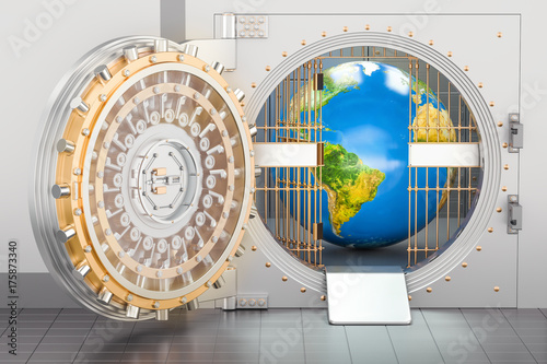 Earth Globe inside bank vault. Security and protection concept  3D rendering