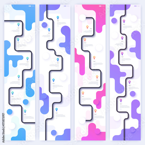 Set of layouts with trendy gradient designs. Road trip and journey route homepage concept. Minimal landing page template. Flat vector illustration. Eps 10