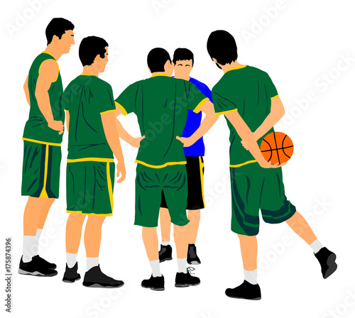 High school collegiate team. Basketball crew on time out, vector. Tactical agreement. Advice for the game.