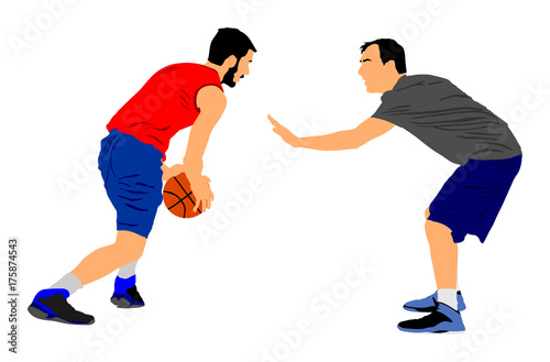 Basketball players vector illustration isolated on white background. Fight for the ball. Defense and attack positions in street basket. Sport man activity. 