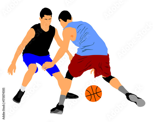 Basketball players vector illustration isolated on white background. Fight for the ball. Defense and attack positions in street basket. Sport man activity. 