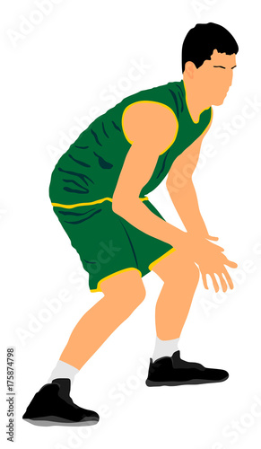 Basketball player vector illustration isolated on white background. Fight for the ball. defense and attack positions in street basket sport. Sportsman pose against opponent. Tall boy on court.