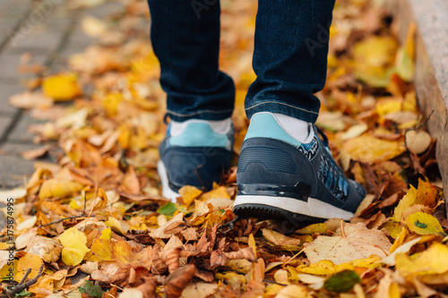 Feet sneakers walking on fall leaves. Autumn season nature on background.