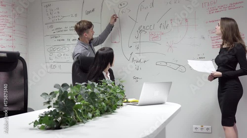 Business team discussing something near the whiteboard during a brainstorm at the office