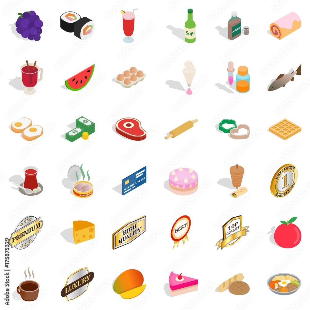 Grocery icons set, isometric style