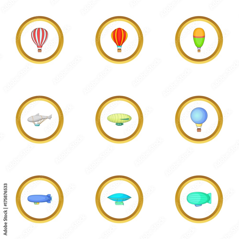 Different airships icons set, cartoon style Different airships icons set, cartoon style