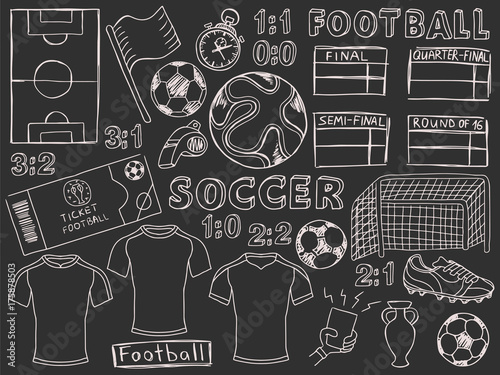 Football doodles set soccer sketch grey