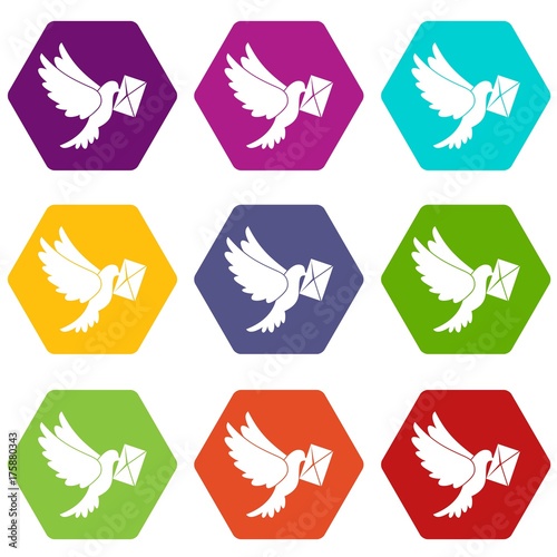 Dove carrying envelope icon set color hexahedron
