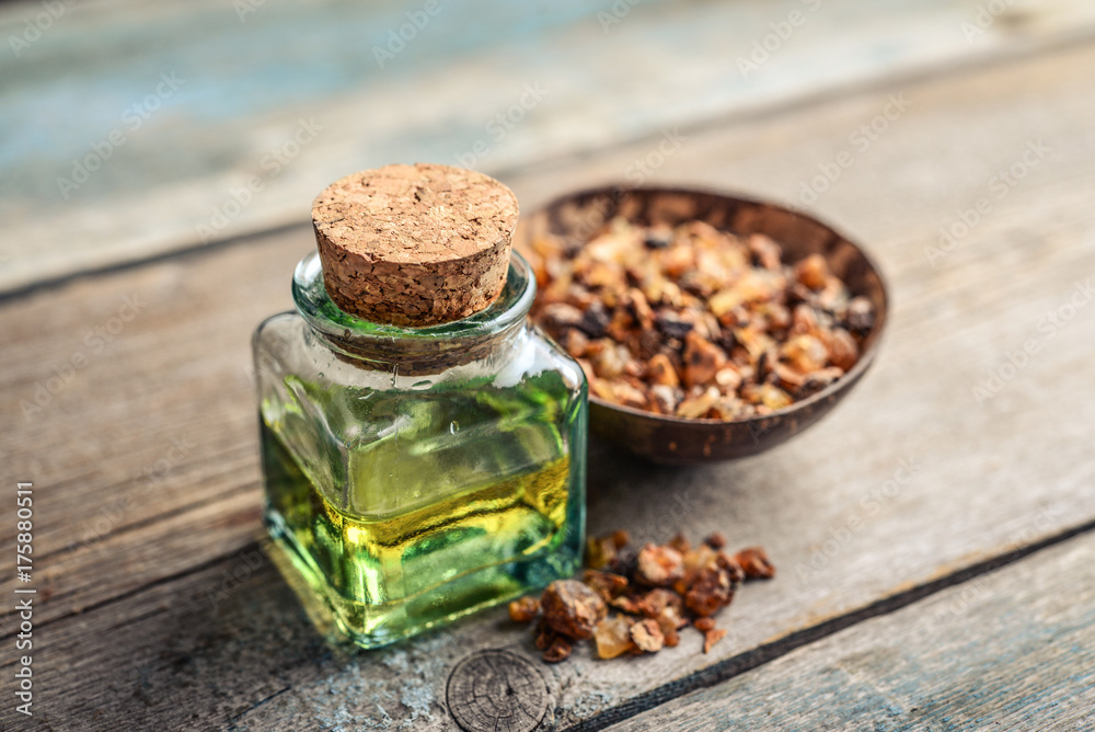 A bottle of myrrh essential oil A bottle of myrrh essential oil
