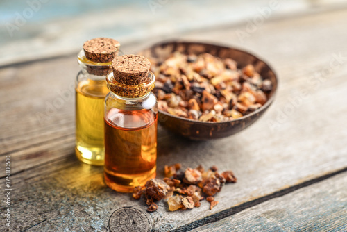 Vászonkép A bottle of myrrh essential oil