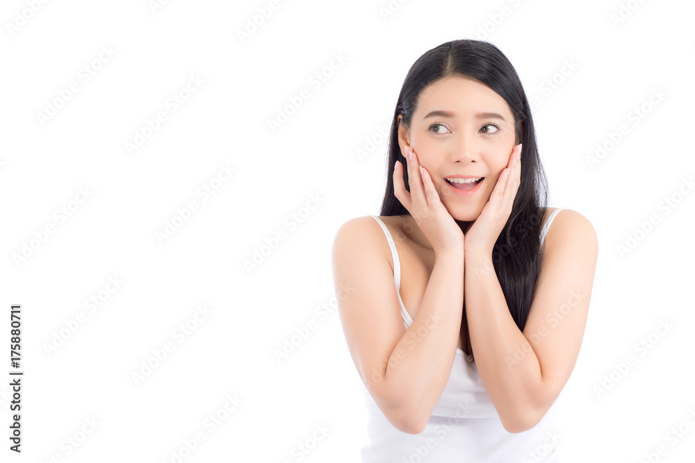 Asian woman surprise hold cheek with hand, Beautiful girl with presenting your product with excited and surprise isolated on white background, Expressive facial. Asian woman surprise hold cheek with hand, Beautiful girl with presenting your product with excited and surprise isolated on white background, Expressive facial.
