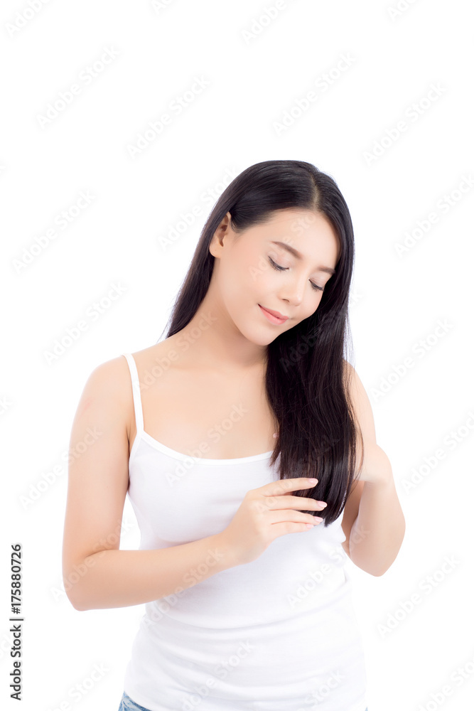 Beautiful asian young woman smiling and touch hair, beauty of girl asia, isolated on white background. Beautiful asian young woman smiling and touch hair, beauty of girl asia, isolated on white background.
