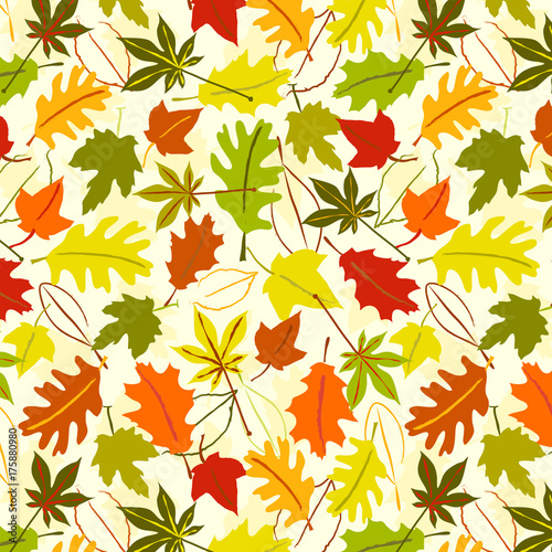 Fall leaves seamless repeating pattern. Red, green, yellow, orange autumn leaf print for backgrounds, borders, scrapbook paper and more.