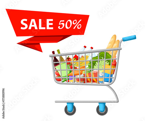 Self-service supermarket full shopping trolley cart with fresh grocery products and red handle realistic vector illustration sale Web site page and mobile app design.