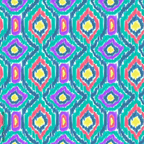 Tribal pattern. Ethnic print. Tie dye. Ikat. Aztec. Abstract geometric fabric. Cloth design. Spiritual fashion. Mystical ornament. Fabric design. Navajo textile. Boho homespun. Hand drawn seamless.