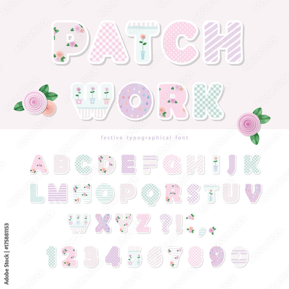 Obraz premium Cute textile font for scrapbook or collage design. Patchwork style. Different patterns included under clipping mask.