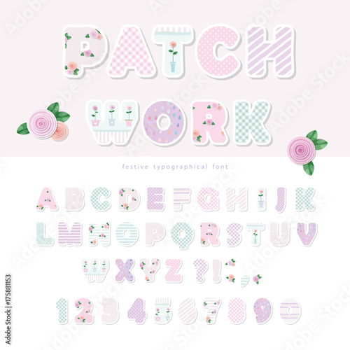 Cute textile font for scrapbook or collage design. Patchwork style. Different patterns included under clipping mask.