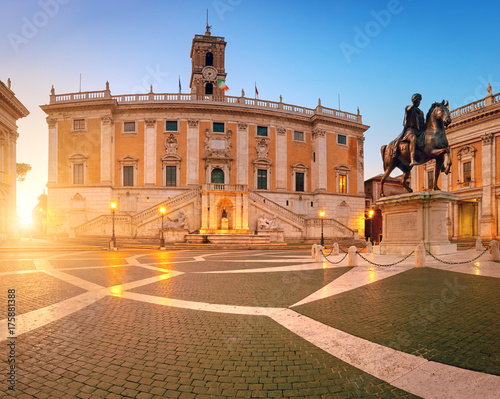 Photography Panoramic image of Piazza del Campidoglio on Capitoline Hill on a sunrise