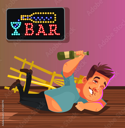 Happy smiling drunk man character laying on bar floor. Funny party concept. Vector flat cartoon illustration