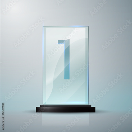 Glass Trophy Award. First place prise plaque. Glass trophy mockup stand on clear base. Realistic vector transparent object 10 eps. Vector