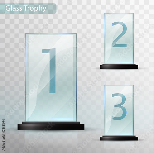 Glass Trophy Award. Set of cups - first, second and third place. Prize template. Glass trophy mockup stand on clear base. Realistic vector transparent object 10 ep