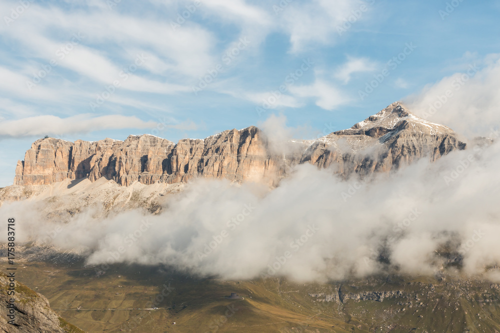 cloud inversion at Sella Group mountain range in Dolomites, Italy