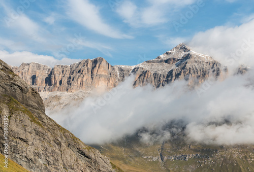 Sella Group massif with Piz Boe peak in Dolomites, Italy