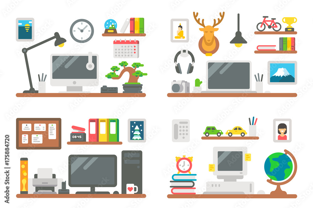 Flat design working desk set Flat design working desk set
