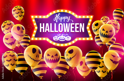 Happy Halloween concept with Halloween Ghost Balloons.Scary air balloons and Retro light sign for Halloween.Flyer or invitation template,Brochures,Poster or Banner.Vector illustration EPS10