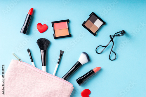 Set of Makeup cosmetics products with bag on top view