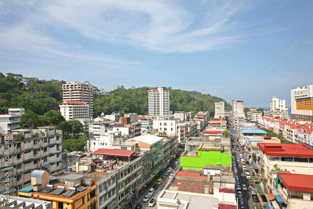 Downtown city view of Sandakan Bay in Sandakan, Borneo, Malaysia