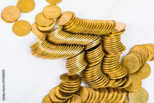 Columns of gold coins, piles of coins on white background