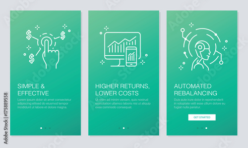 Financial and Fintech concept onboarding app screens. Modern and simplified vector illustration walkthrough screens template for mobile apps.