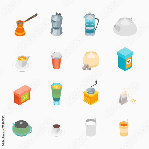 Tea and Coffee Icons Set 3d Isometric View. Vector