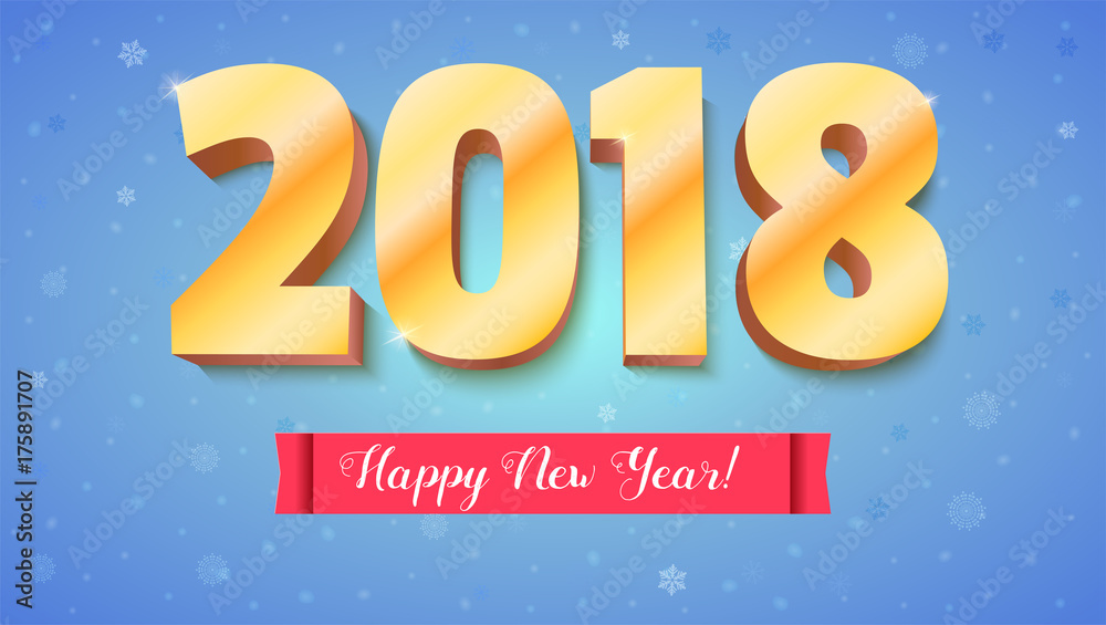 Happy New Year 2018. Volumetric numbers from gold. Red banner with the greeting text. Congratulation poster on falling snow backdrop. Card, poster, brochure or flyer template. Vector 3D illustration Happy New Year 2018. Volumetric numbers from gold. Red banner with the greeting text. Congratulation poster on falling snow backdrop. Card, poster, brochure or flyer template. Vector 3D illustration
