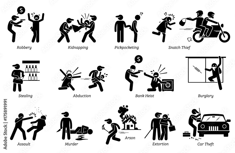 Crime and Criminal. Pictogram depicts various criminal activities that include robber, kidnappers, thief, bank heist, assault, murder, arson, and extortion.