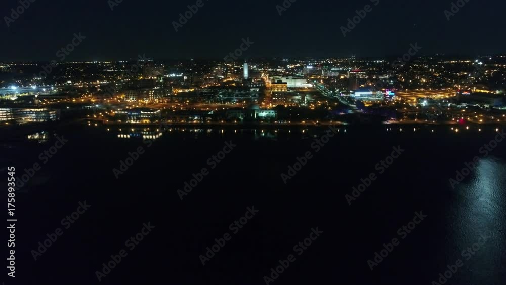 Aerial Flight Camden New Jersey Waterfront at Night