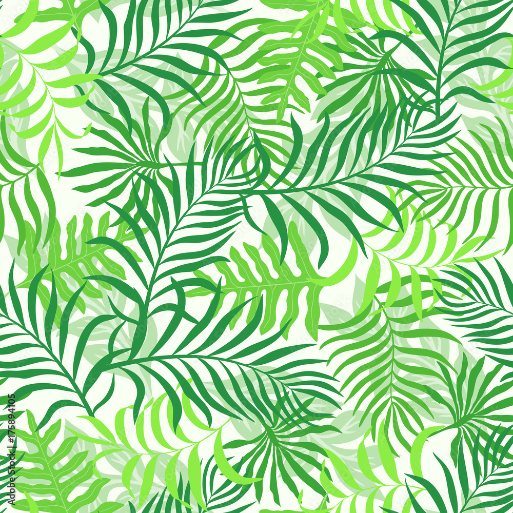 Tropical background with palm leaves. Seamless floral pattern