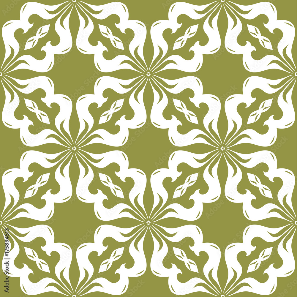 Fototapeta premium White floral seamless pattern on olive green background