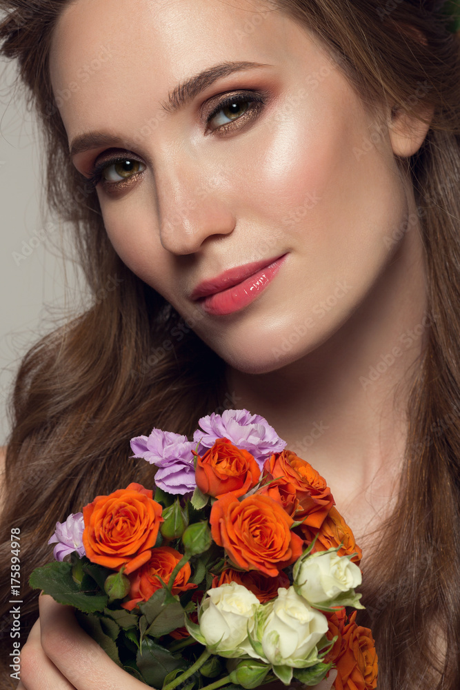 Close up portrait of young beautiful woman with flowers. Close up portrait of young beautiful woman with flowers.
