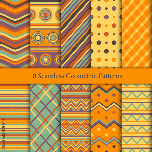 Ten seamless geometric  patterns in warm hues. Endless texture for wallpaper, web page background, wrapping paper and etc.