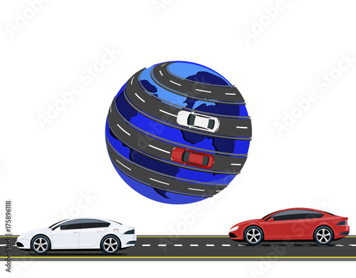 Travel by car around the world. Road, high-speed highway machine. illustration