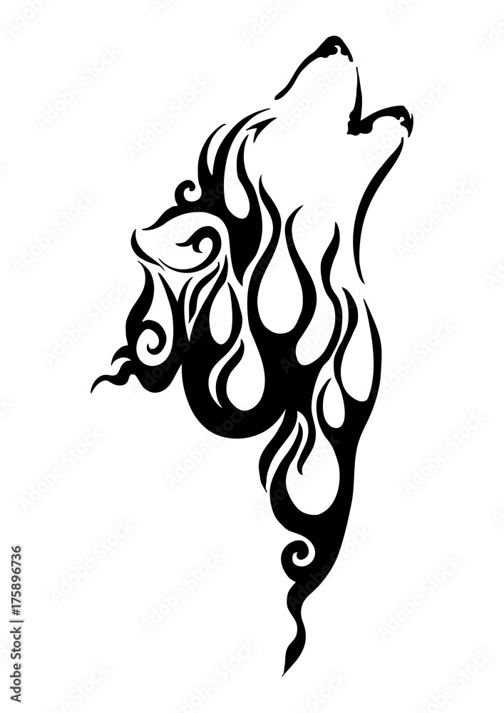 Fototapeta premium black silhouette wolf head tribal tattoo with fire element concept design with withe isolated background 