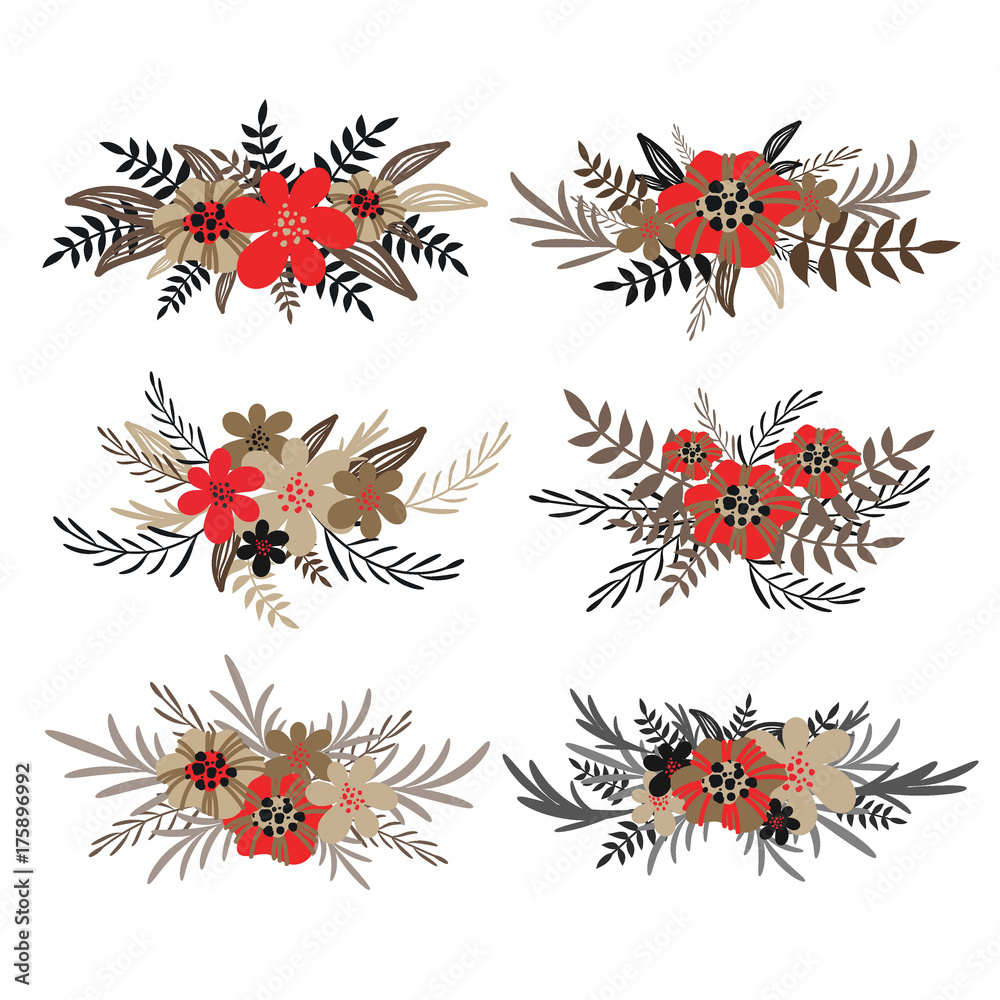 Different vector flower bouquets isolated on white background. Floral collection. Design for invitation, wedding or greeting cards Different vector flower bouquets isolated on white background. Floral collection. Design for invitation, wedding or greeting cards