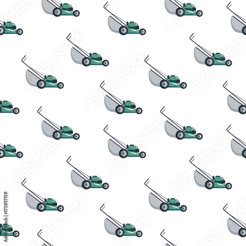 Seamless pattern lawn mower machine icon technology equipment tool, gardening grass-cutter - vector stock illustration
