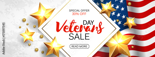 Veterans Day greeting card horizontal banner with golden stars anf flag. Vector