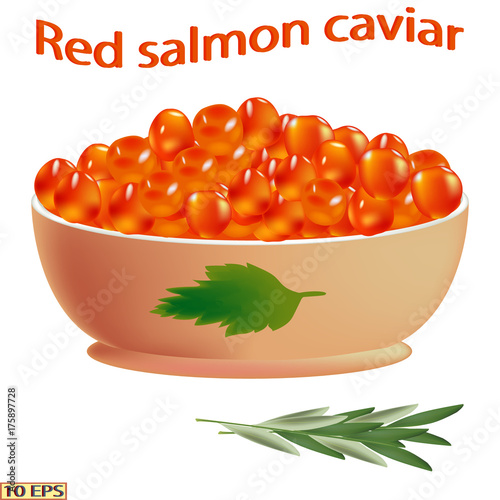 Red caviar in the bowl. Salmon caviar close-up isolated on white background.  Vector illustration.