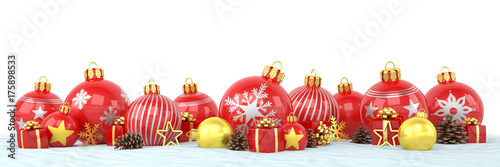 Many red and golden christmas baubles and christmas decorations over white background - panorama - merry christmas concept